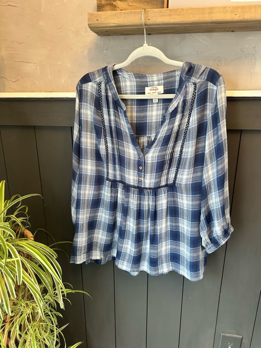 Wrangler Soft Feel Blue White Plaid Peasant Blouse size XXL‎